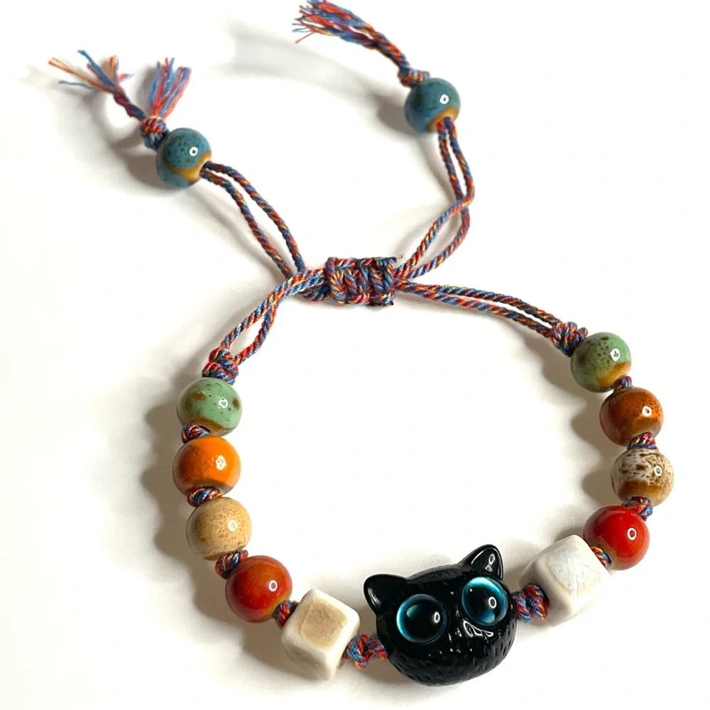 Black Cat Bracelet Red white Tan orange Ceramic Beaded Adjustable Cord